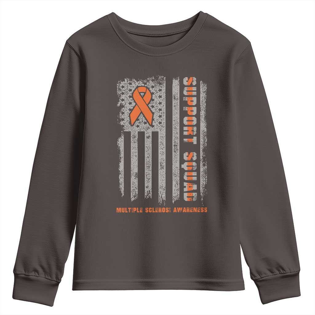 MS Support Squad Youth Sweatshirt Orange Ribbon Multiple Sclerosis Awareness USA Flag
