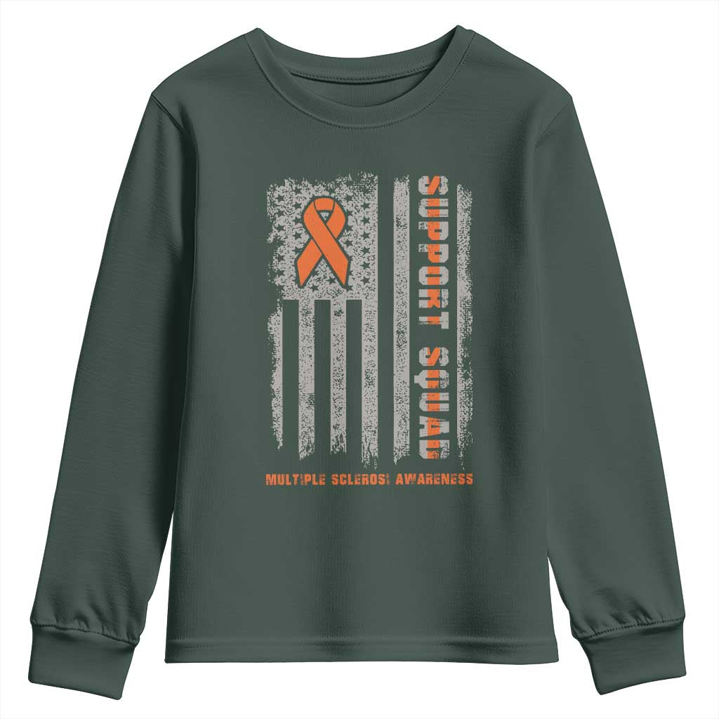MS Support Squad Youth Sweatshirt Orange Ribbon Multiple Sclerosis Awareness USA Flag