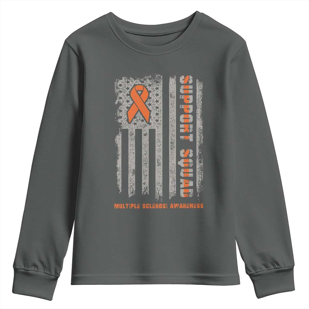 MS Support Squad Youth Sweatshirt Orange Ribbon Multiple Sclerosis Awareness USA Flag
