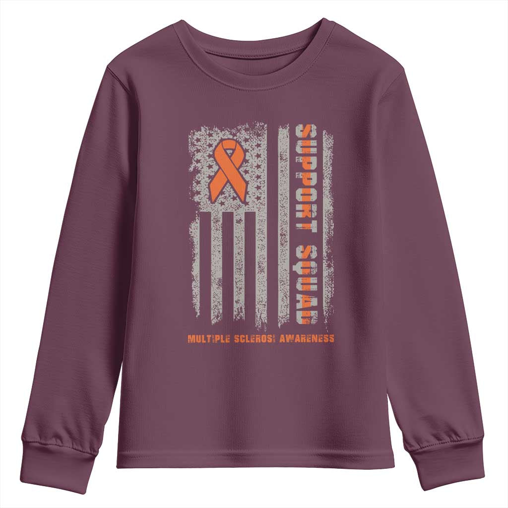 MS Support Squad Youth Sweatshirt Orange Ribbon Multiple Sclerosis Awareness USA Flag