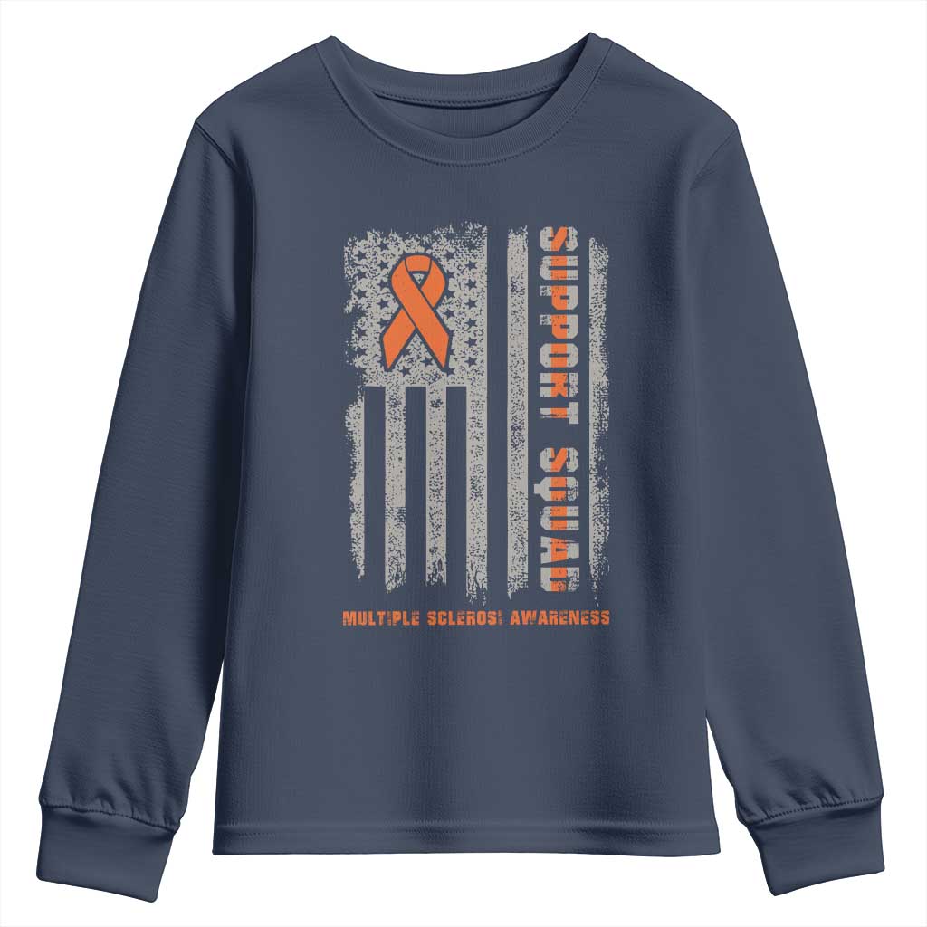 MS Support Squad Youth Sweatshirt Orange Ribbon Multiple Sclerosis Awareness USA Flag