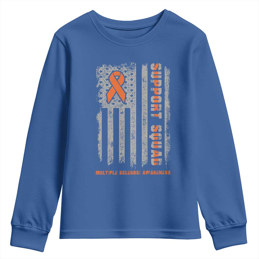 MS Support Squad Youth Sweatshirt Orange Ribbon Multiple Sclerosis Awareness USA Flag