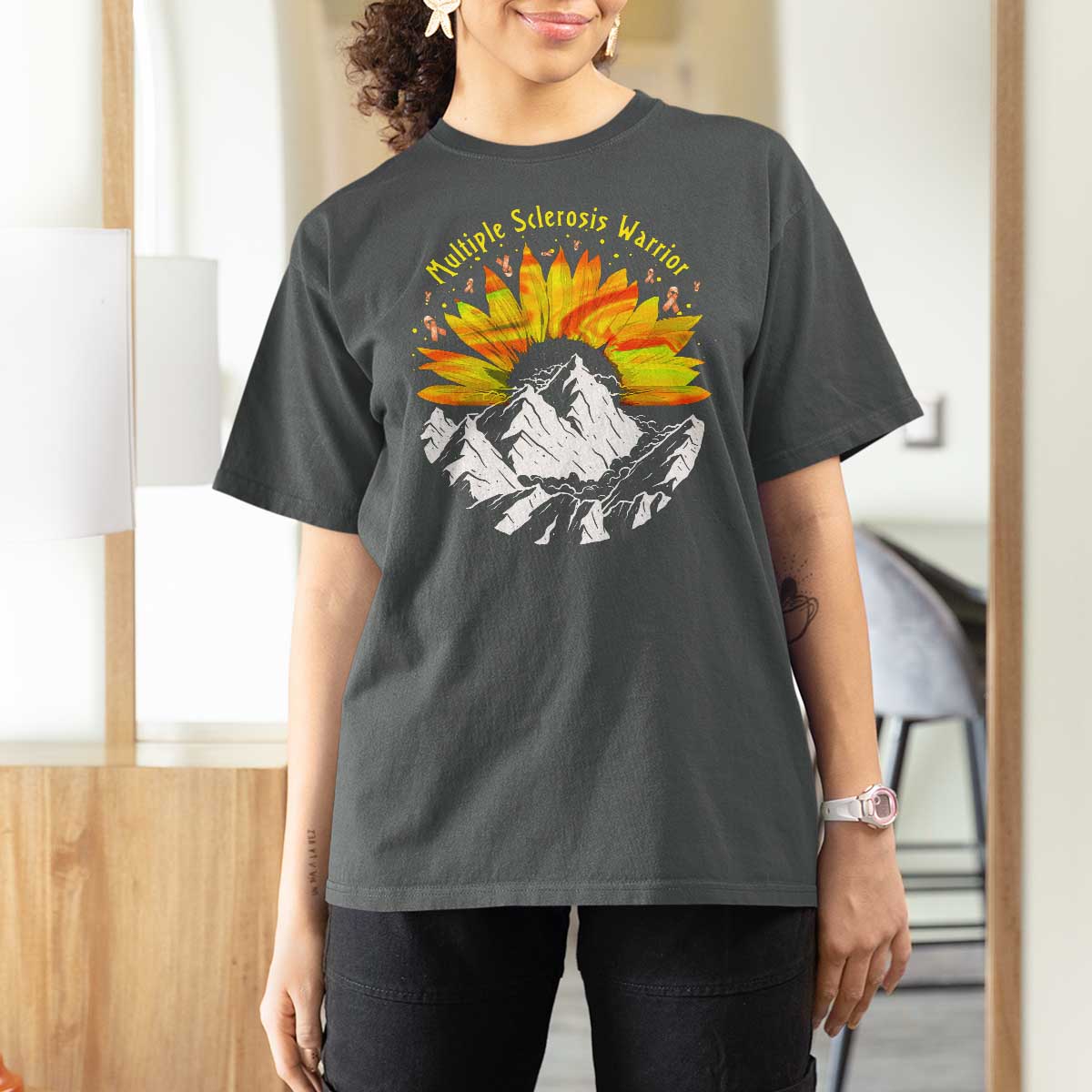 MS Warrior T Shirt For Women Orange Ribbon Sunflower Multiple Sclerosis Awareness