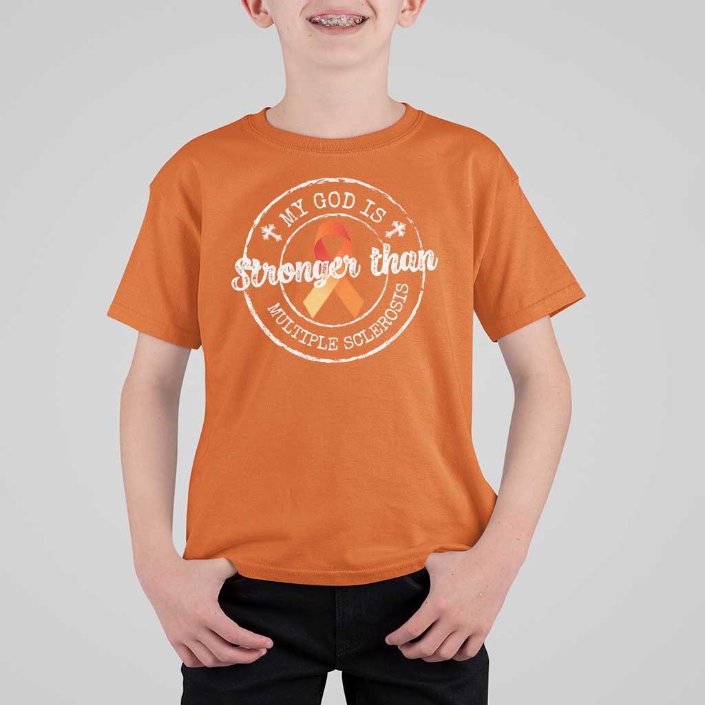 MS Awareness T Shirt For Kid Orange Ribbon God Stronger MS