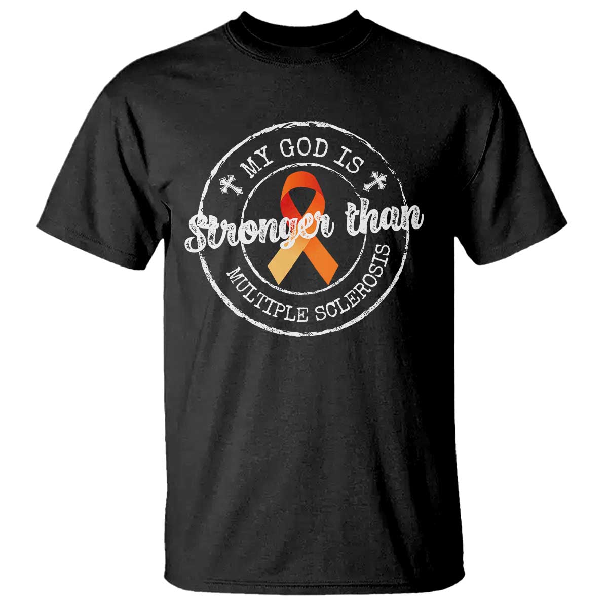 MS Awareness T Shirt Orange Ribbon God Stronger MS
