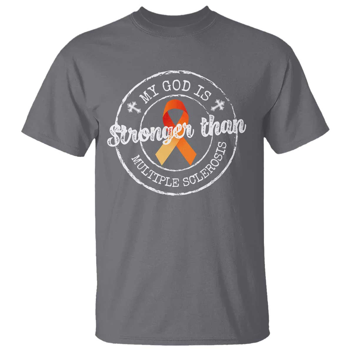 MS Awareness T Shirt Orange Ribbon God Stronger MS