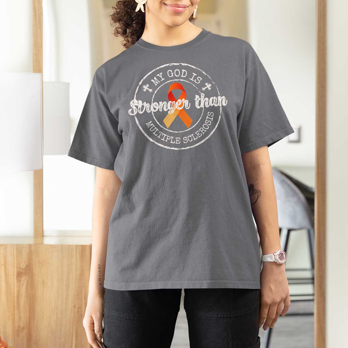MS Awareness T Shirt For Women Orange Ribbon God Stronger MS