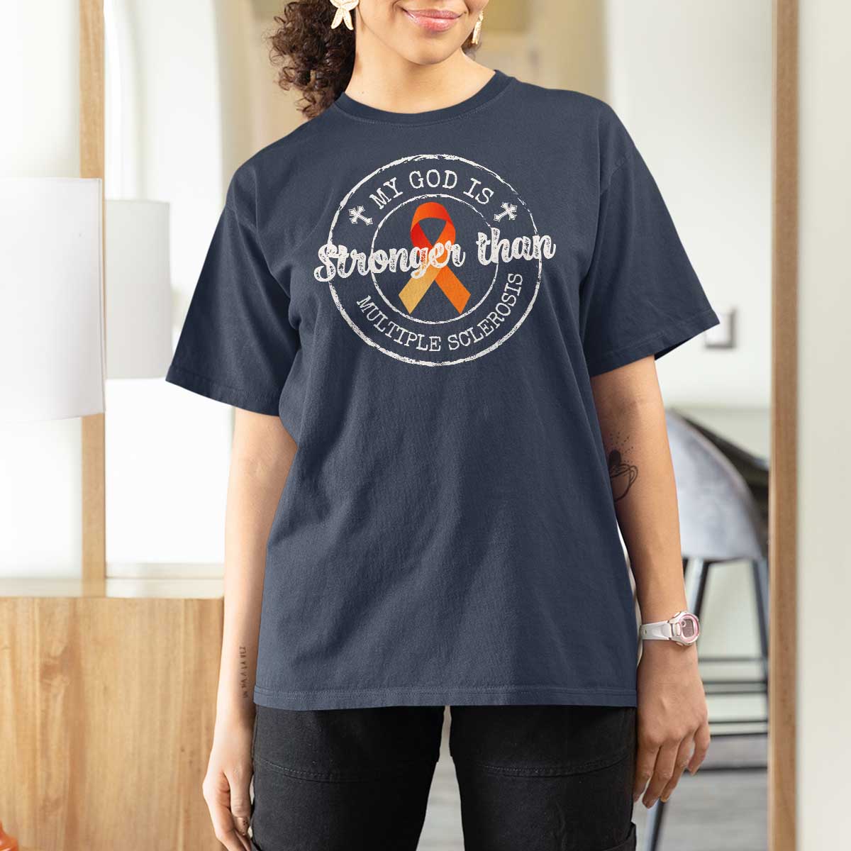MS Awareness T Shirt For Women Orange Ribbon God Stronger MS