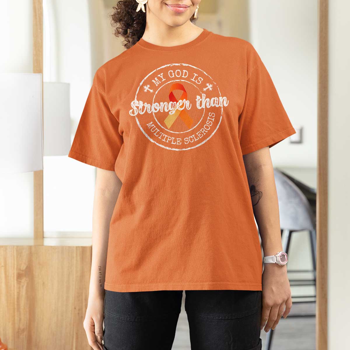 MS Awareness T Shirt For Women Orange Ribbon God Stronger MS