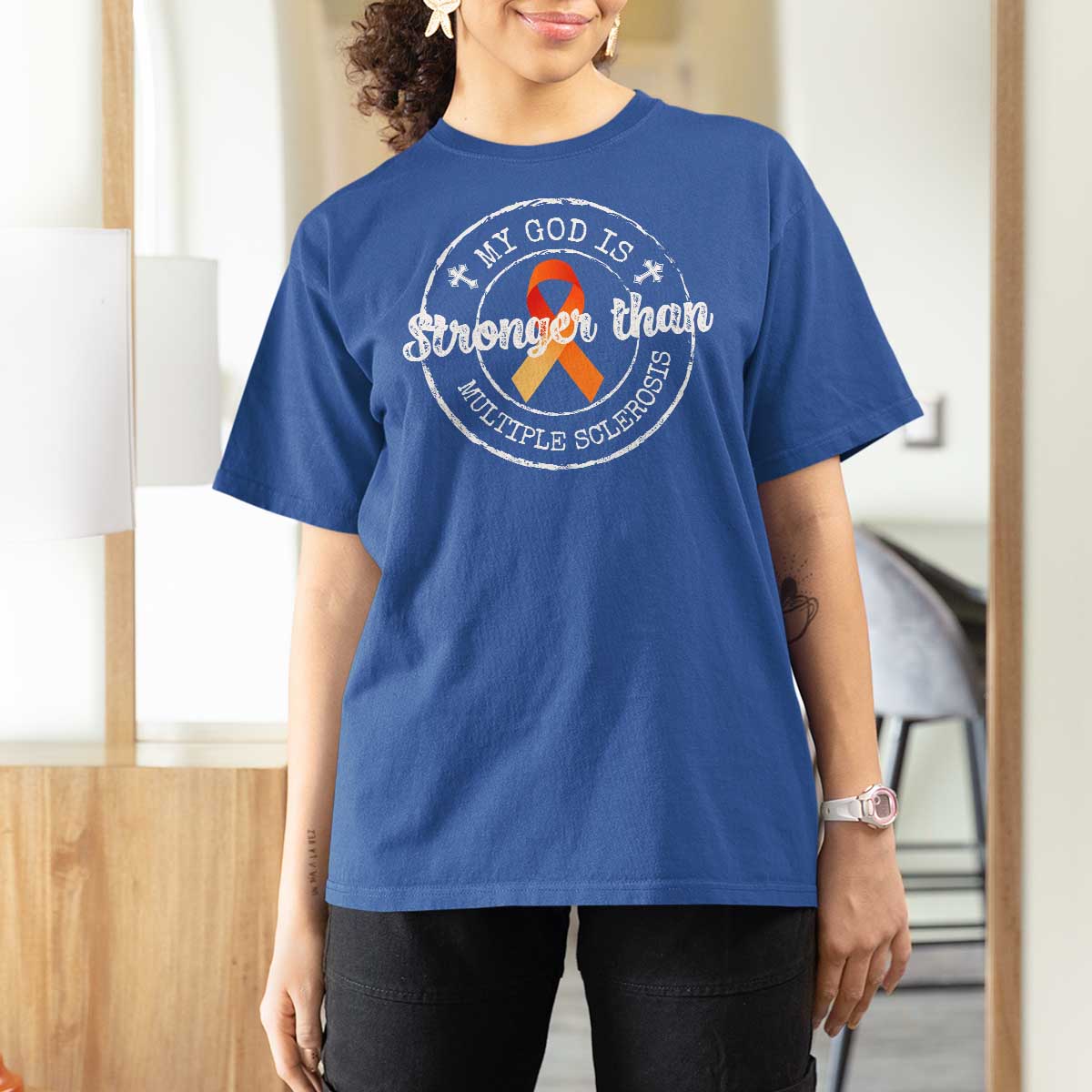 MS Awareness T Shirt For Women Orange Ribbon God Stronger MS