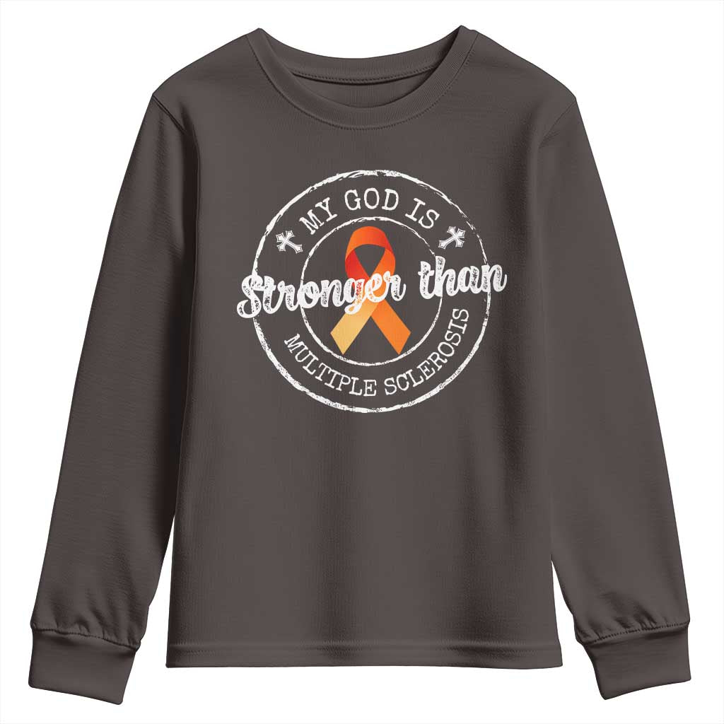 MS Awareness Youth Sweatshirt Orange Ribbon God Stronger MS