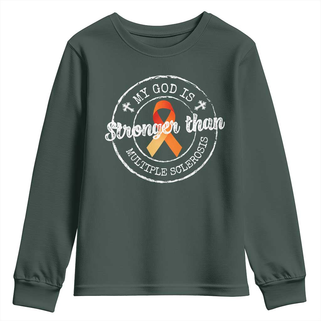 MS Awareness Youth Sweatshirt Orange Ribbon God Stronger MS