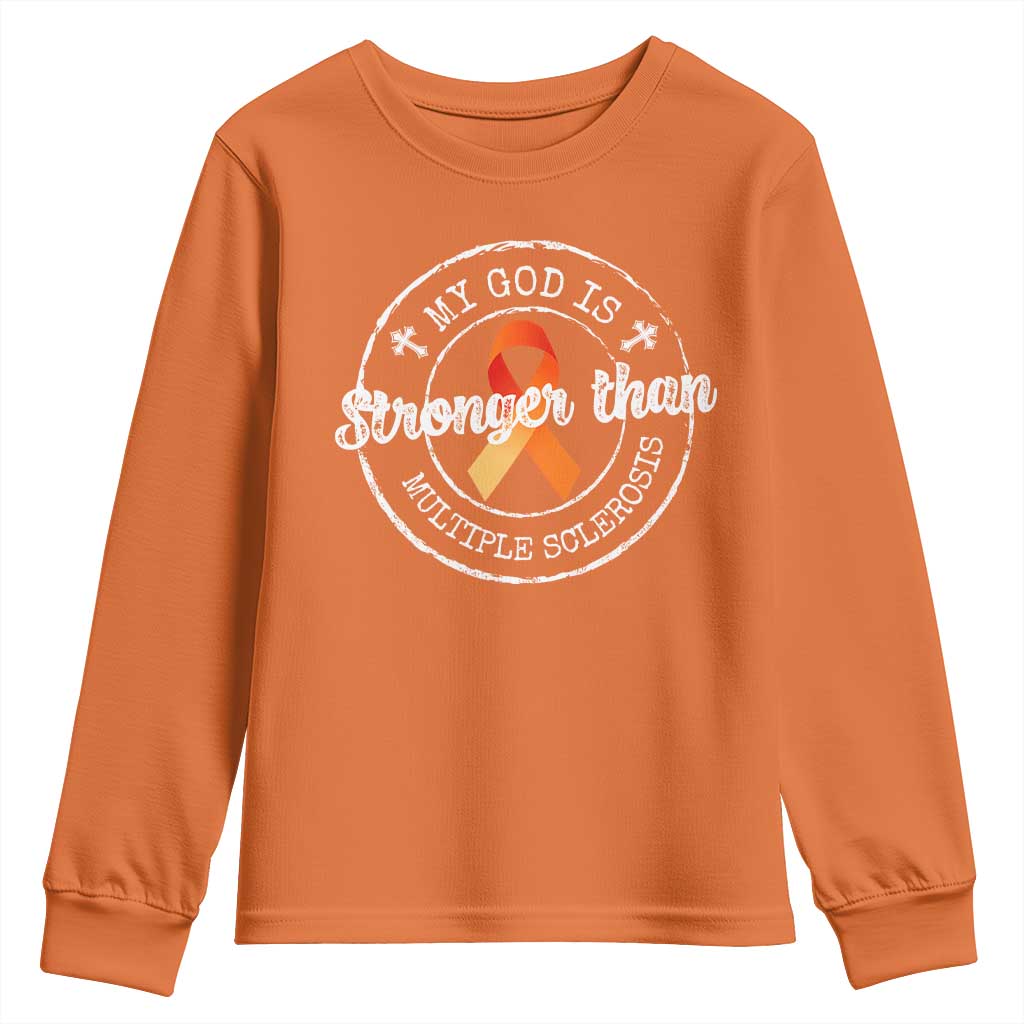 MS Awareness Youth Sweatshirt Orange Ribbon God Stronger MS