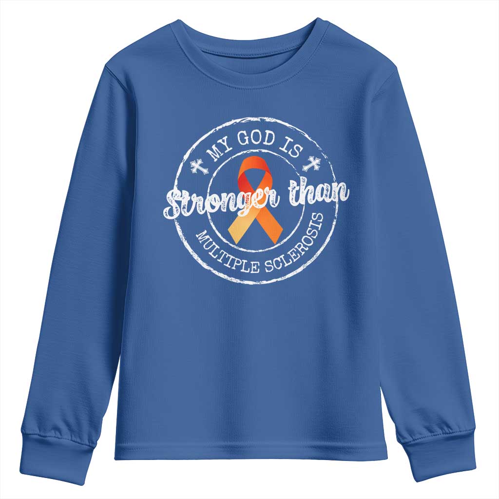 MS Awareness Youth Sweatshirt Orange Ribbon God Stronger MS
