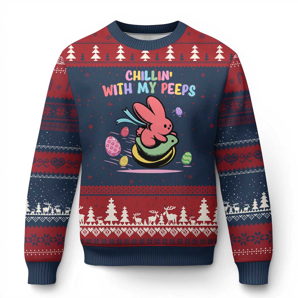 Easter Day Ugly Christmas Sweater Chillin With My Peeps Bunnies - Wonder Print Shop