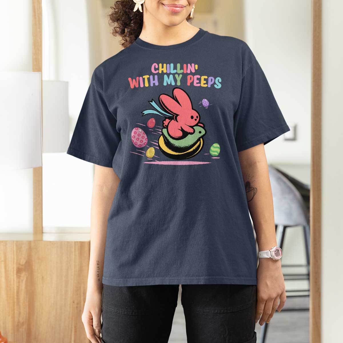 Easter Day T Shirt For Women Chillin With My Peeps Bunnies - Wonder Print Shop