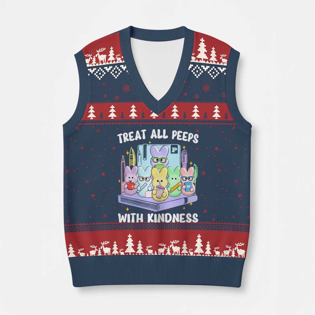 Teachers Easter V-Neck Knit Sweater Vest Treat All Peeps With Kindness - Wonder Print Shop