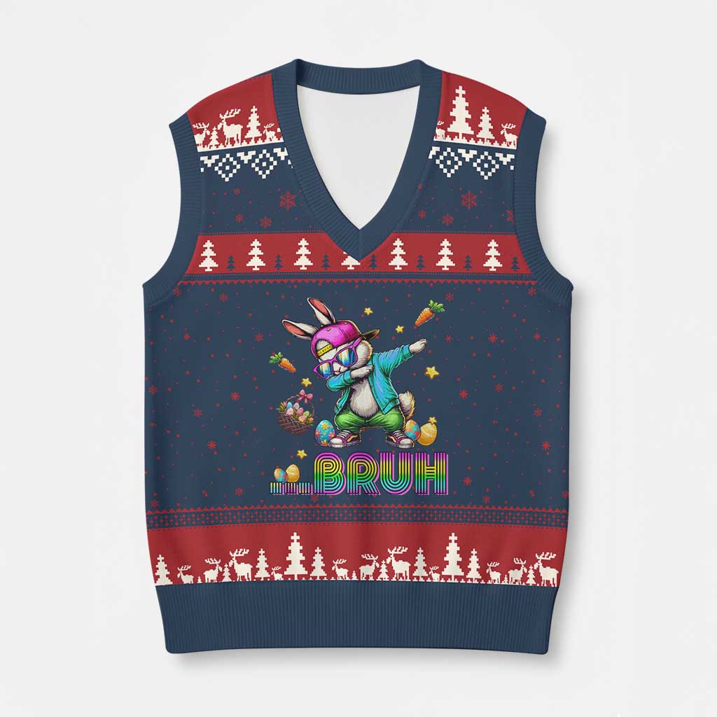 Bruh Dab Bunny Easter V-Neck Knit Sweater Vest Funny 80s Retro Vintage Party Cool Rabbit - Wonder Print Shop