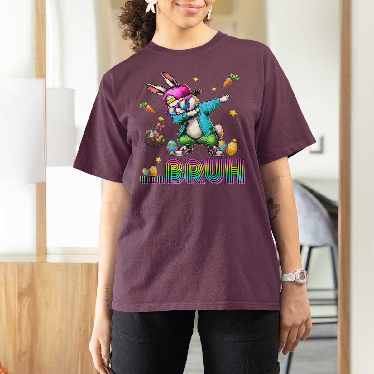 Bruh Dab Bunny Easter T Shirt For Women Funny 80s Retro Vintage Party Cool Rabbit - Wonder Print Shop