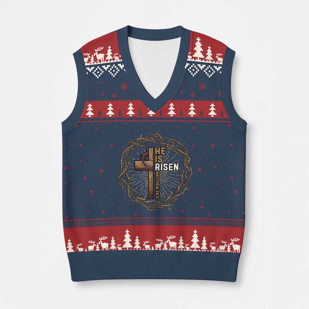 Easter Cross He is Risen V-Neck Knit Sweater Vest Jesus Christian Crown Of Thorns - Wonder Print Shop