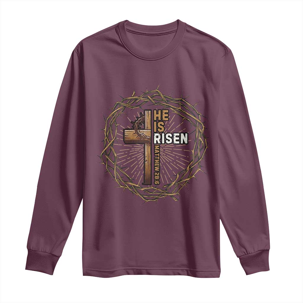 Easter Cross He is Risen Long Sleeve Shirt Jesus Christian Crown Of Thorns - Wonder Print Shop