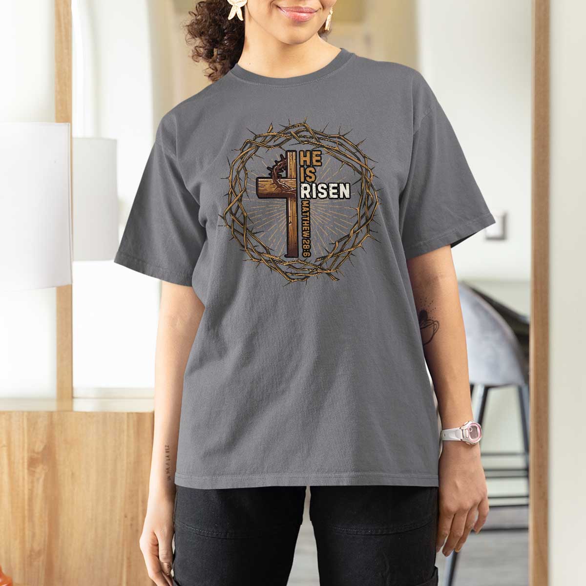 Easter Cross He is Risen T Shirt For Women Jesus Christian Crown Of Thorns - Wonder Print Shop