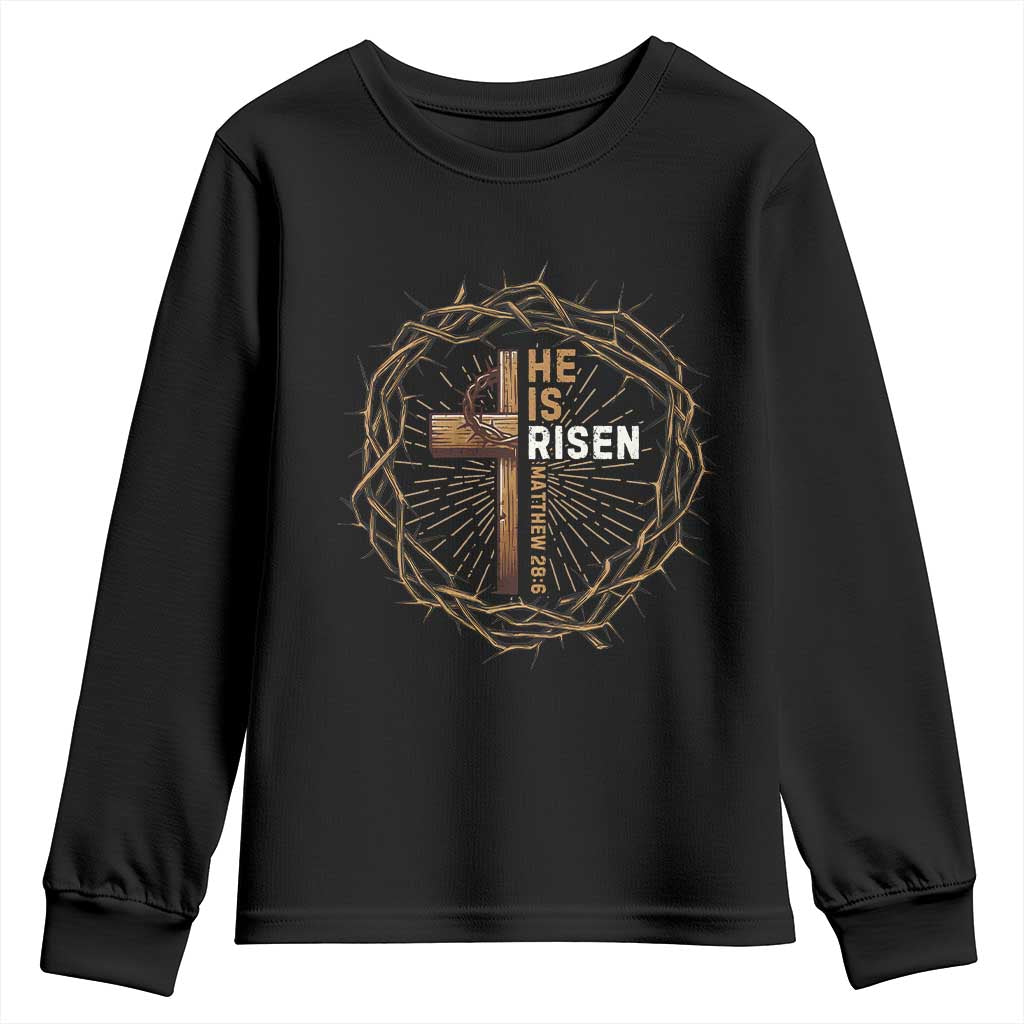 Easter Cross He is Risen Youth Sweatshirt Jesus Christian Crown Of Thorns - Wonder Print Shop