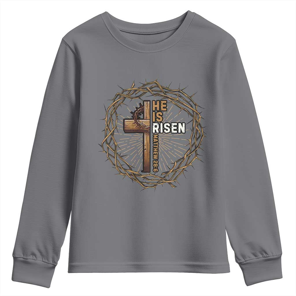 Easter Cross He is Risen Youth Sweatshirt Jesus Christian Crown Of Thorns - Wonder Print Shop
