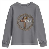 Easter Cross He is Risen Youth Sweatshirt Jesus Christian Crown Of Thorns - Wonder Print Shop