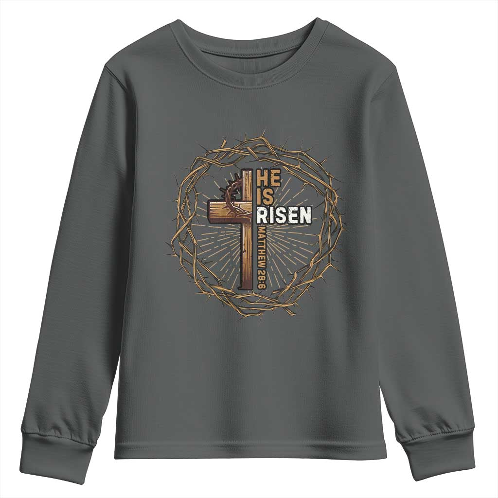 Easter Cross He is Risen Youth Sweatshirt Jesus Christian Crown Of Thorns - Wonder Print Shop