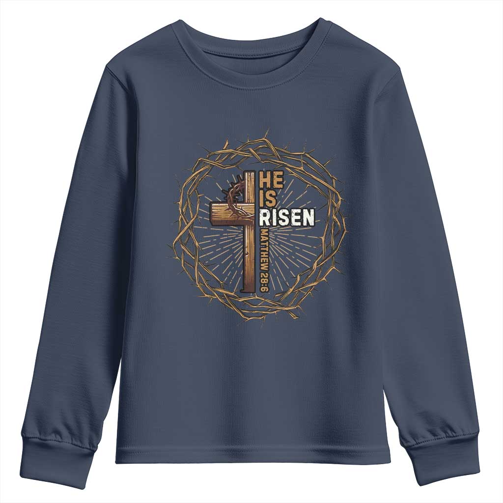 Easter Cross He is Risen Youth Sweatshirt Jesus Christian Crown Of Thorns - Wonder Print Shop