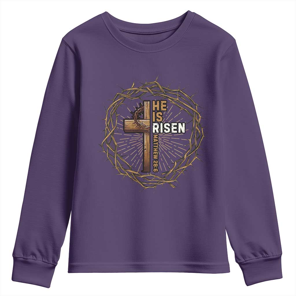 Easter Cross He is Risen Youth Sweatshirt Jesus Christian Crown Of Thorns - Wonder Print Shop