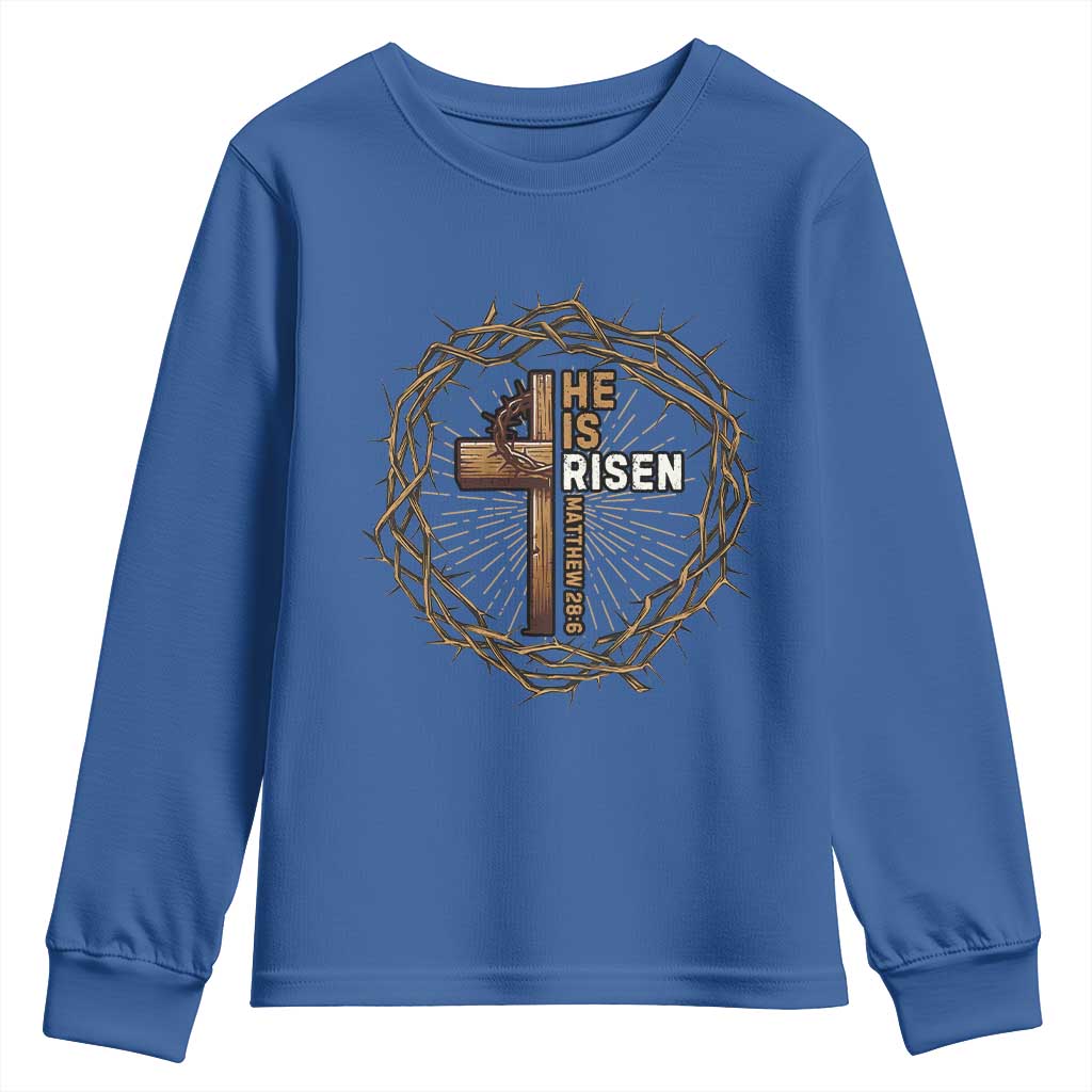 Easter Cross He is Risen Youth Sweatshirt Jesus Christian Crown Of Thorns - Wonder Print Shop