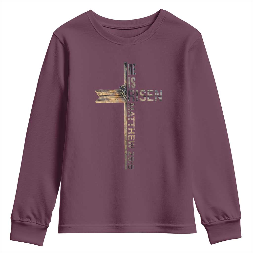 He is Risen Youth Sweatshirt Religious Easter Cross Jesus Christian