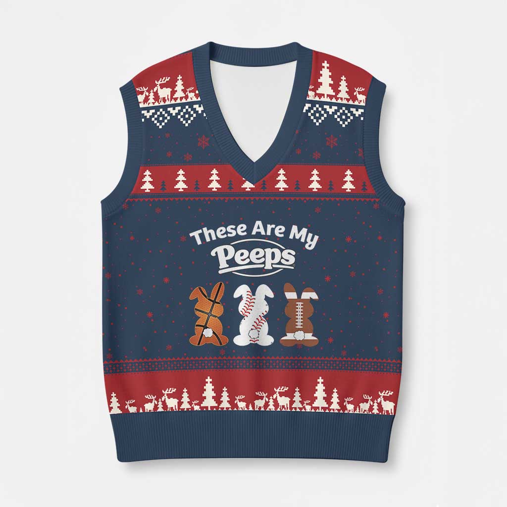 Baseball Basketball Football Easter V-Neck Knit Sweater Vest Cute Bunny Game Day Sports These Are My Peeps - Wonder Print Shop