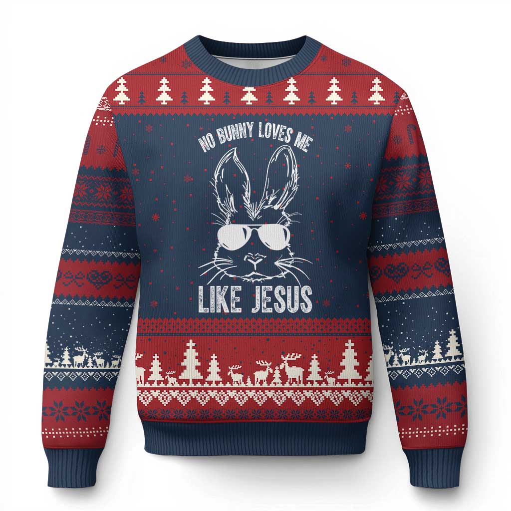 Funny Christian Easter Ugly Christmas Sweater No Bunny Loves Me Like Jesus Retro Bunny - Wonder Print Shop