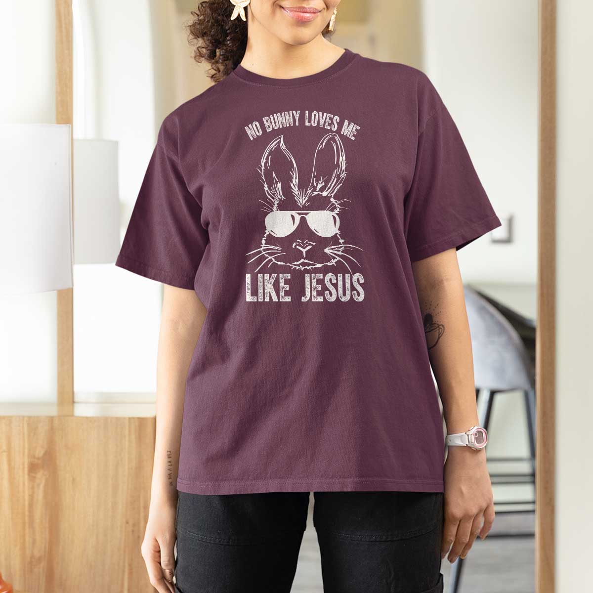 Funny Christian Easter T Shirt For Women No Bunny Loves Me Like Jesus Retro Bunny - Wonder Print Shop