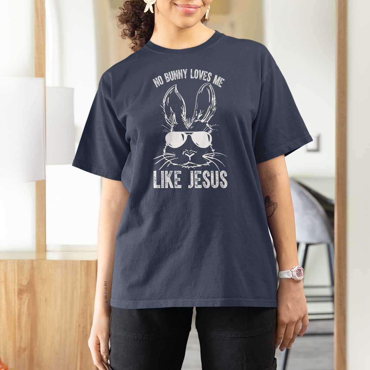 Funny Christian Easter T Shirt For Women No Bunny Loves Me Like Jesus Retro Bunny - Wonder Print Shop
