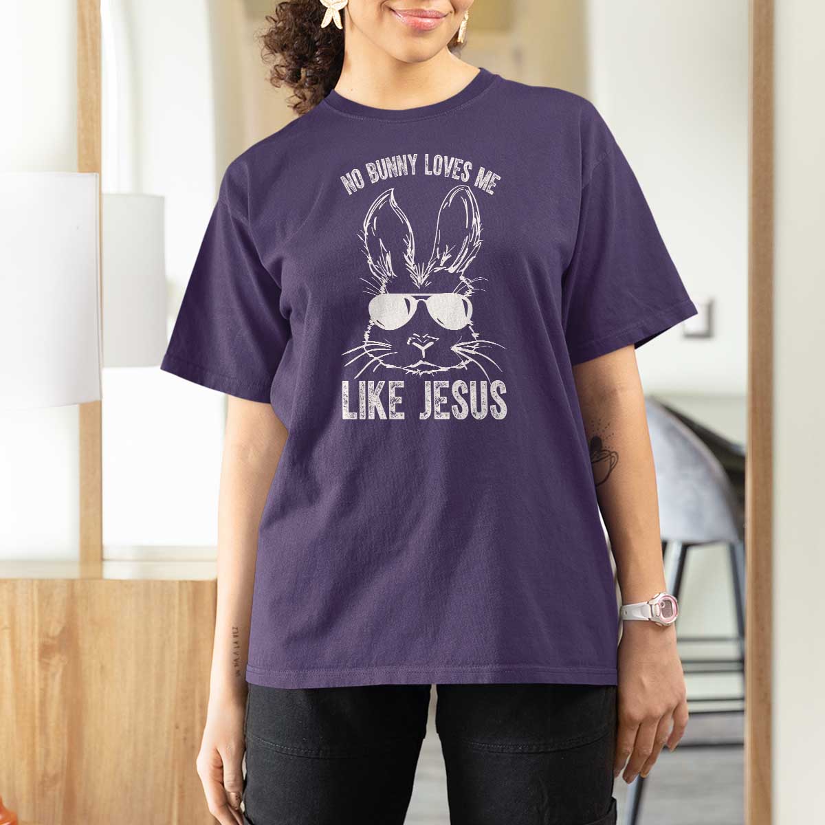 Funny Christian Easter T Shirt For Women No Bunny Loves Me Like Jesus Retro Bunny - Wonder Print Shop