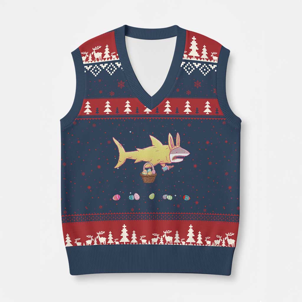 Funny Shark Easter V-Neck Knit Sweater Vest Cute Bunny Ears Eggs Hunting Teens Boys Kids - Wonder Print Shop