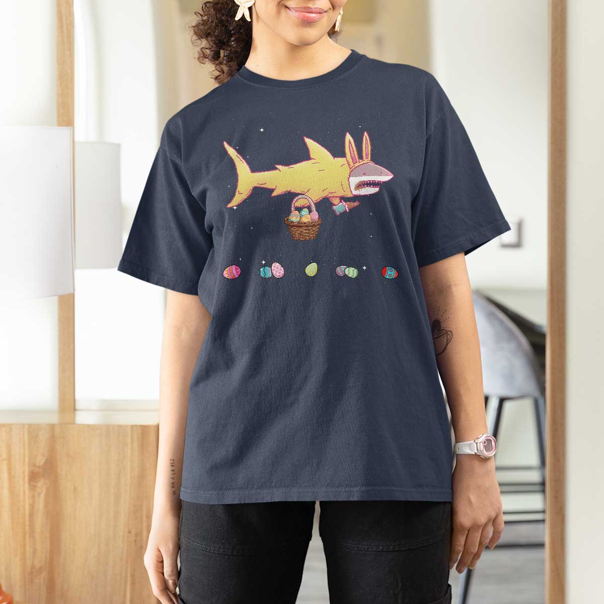 Funny Shark Easter T Shirt For Women Cute Bunny Ears Eggs Hunting Teens Boys Kids - Wonder Print Shop