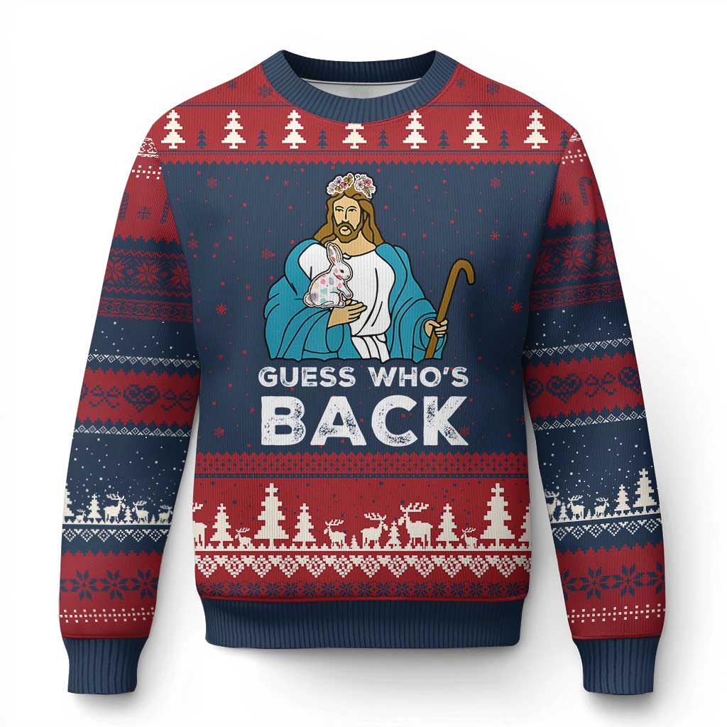 Guess Whos Back Ugly Christmas Sweater Funny Religious Jesus Back Cute Bunny - Wonder Print Shop