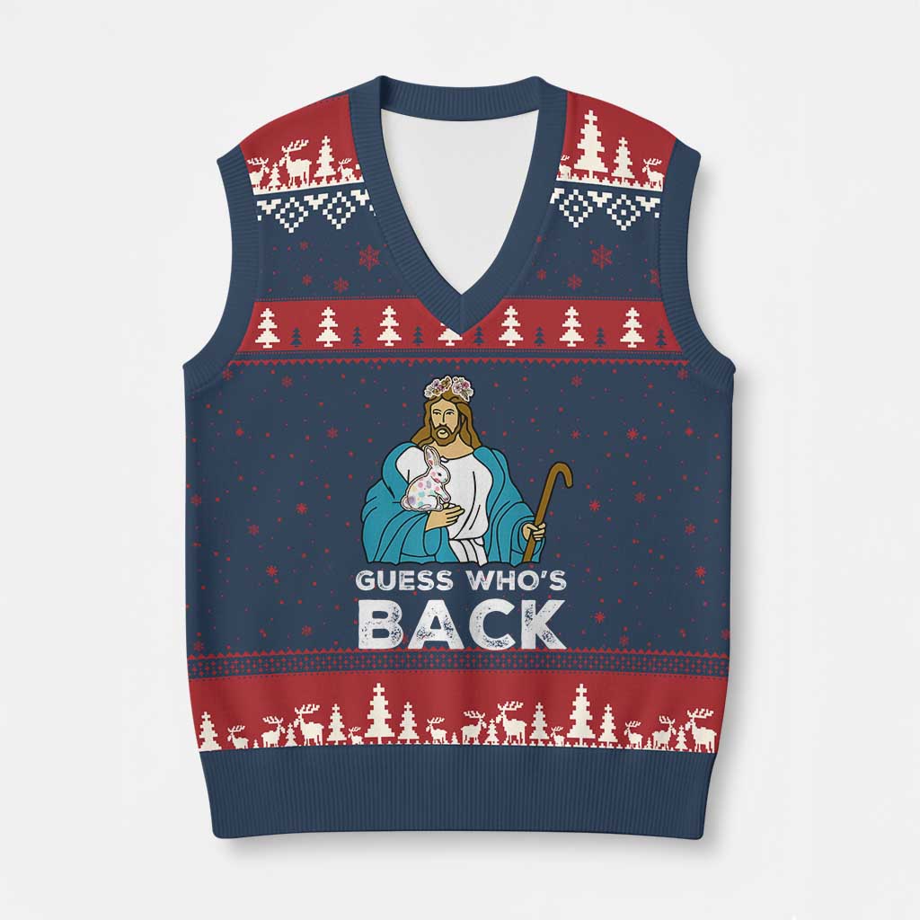 Guess Whos Back V-Neck Knit Sweater Vest Funny Religious Jesus Back Cute Bunny - Wonder Print Shop