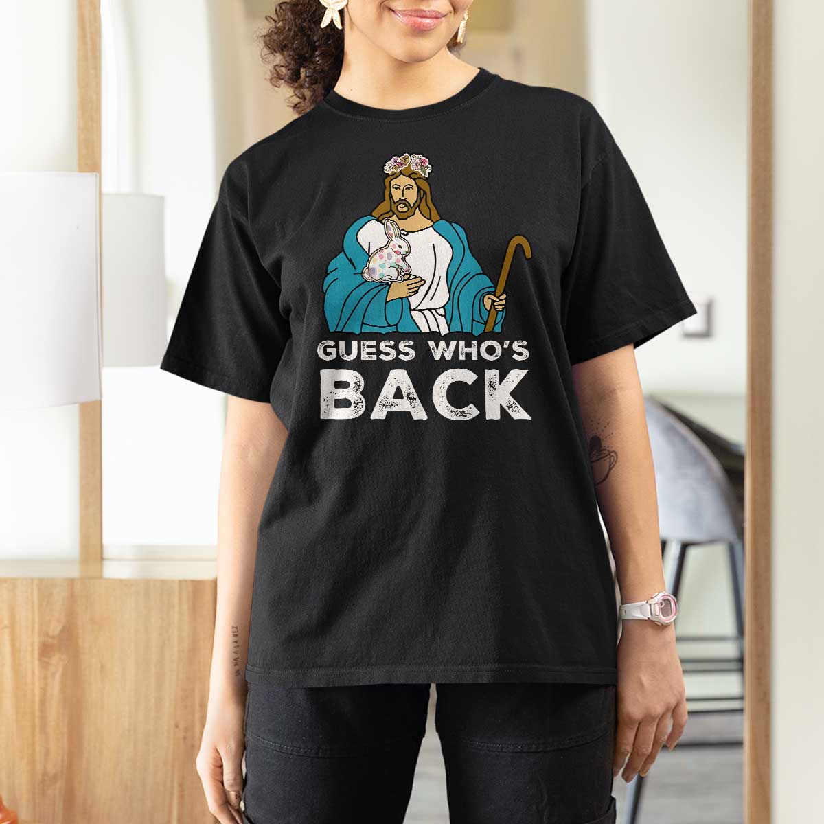 Guess Whos Back T Shirt For Women Funny Religious Jesus Back Cute Bunny - Wonder Print Shop