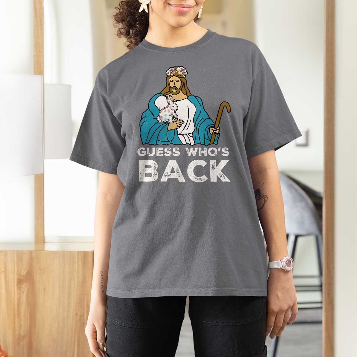 Guess Whos Back T Shirt For Women Funny Religious Jesus Back Cute Bunny - Wonder Print Shop