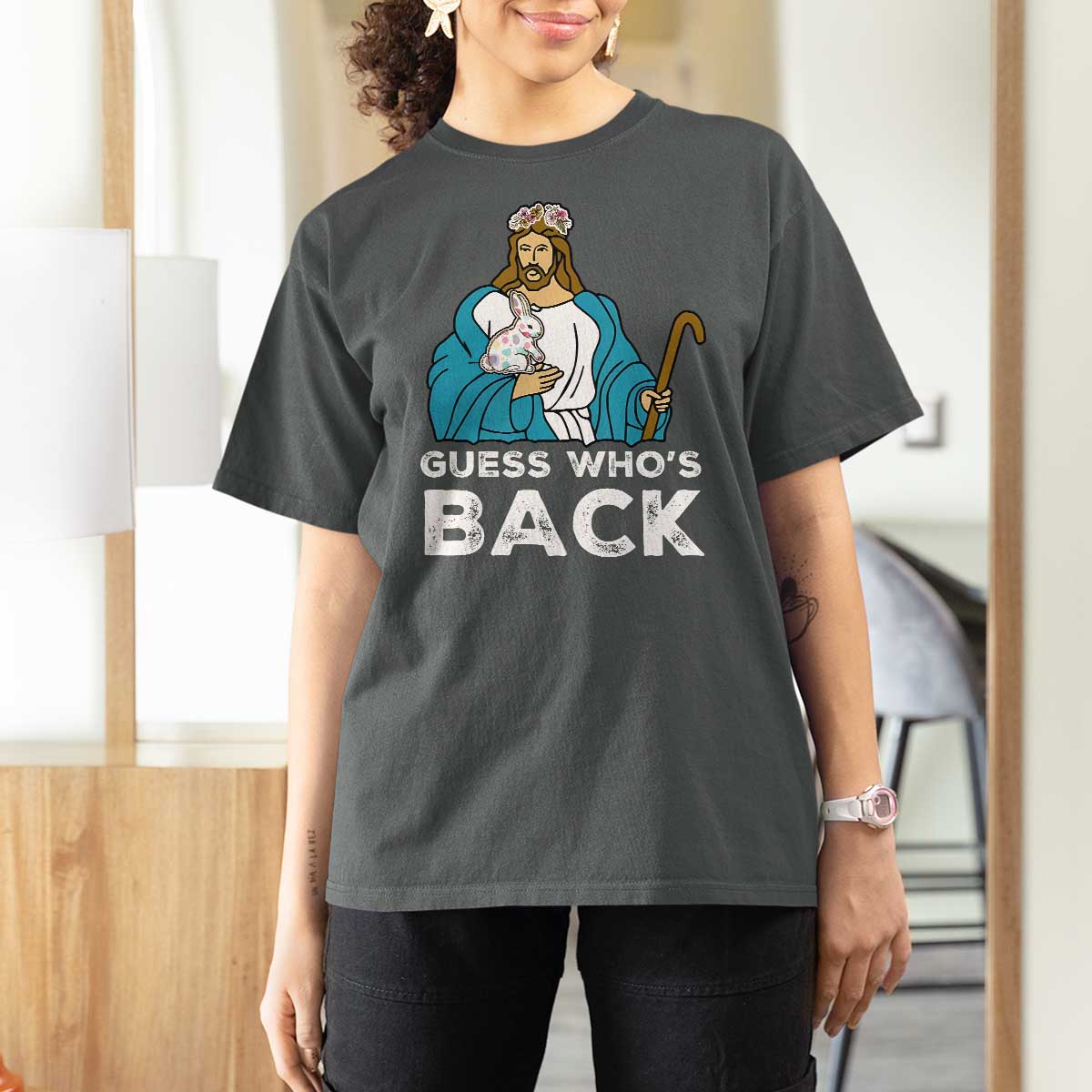 Guess Whos Back T Shirt For Women Funny Religious Jesus Back Cute Bunny - Wonder Print Shop