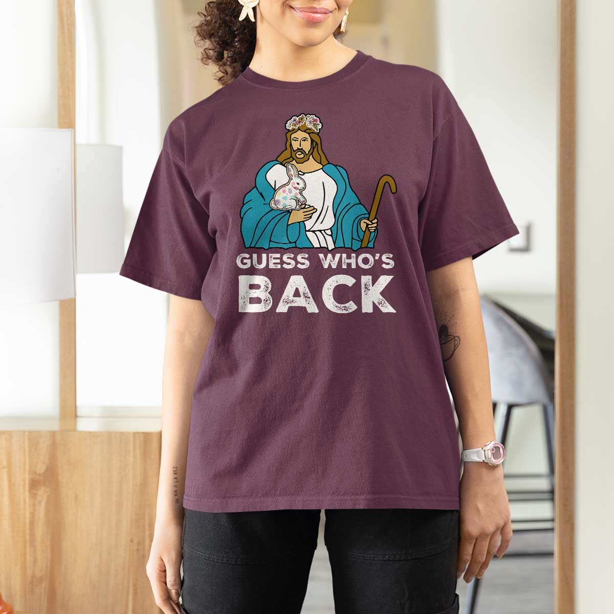 Guess Whos Back T Shirt For Women Funny Religious Jesus Back Cute Bunny - Wonder Print Shop