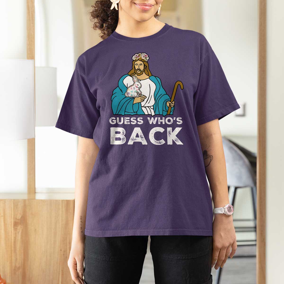 Guess Whos Back T Shirt For Women Funny Religious Jesus Back Cute Bunny - Wonder Print Shop