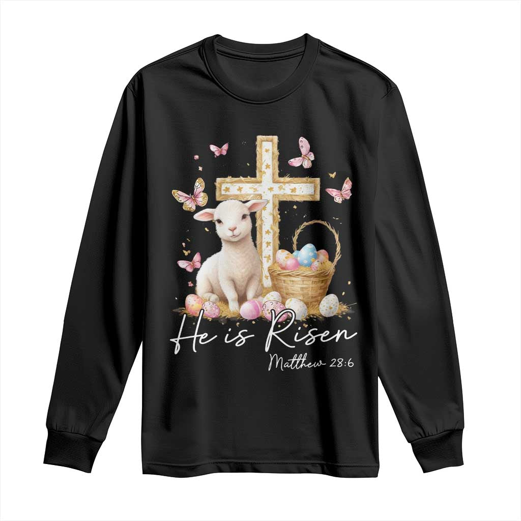 He Is Risen Easter Long Sleeve Shirt Lamb Flowers Cross