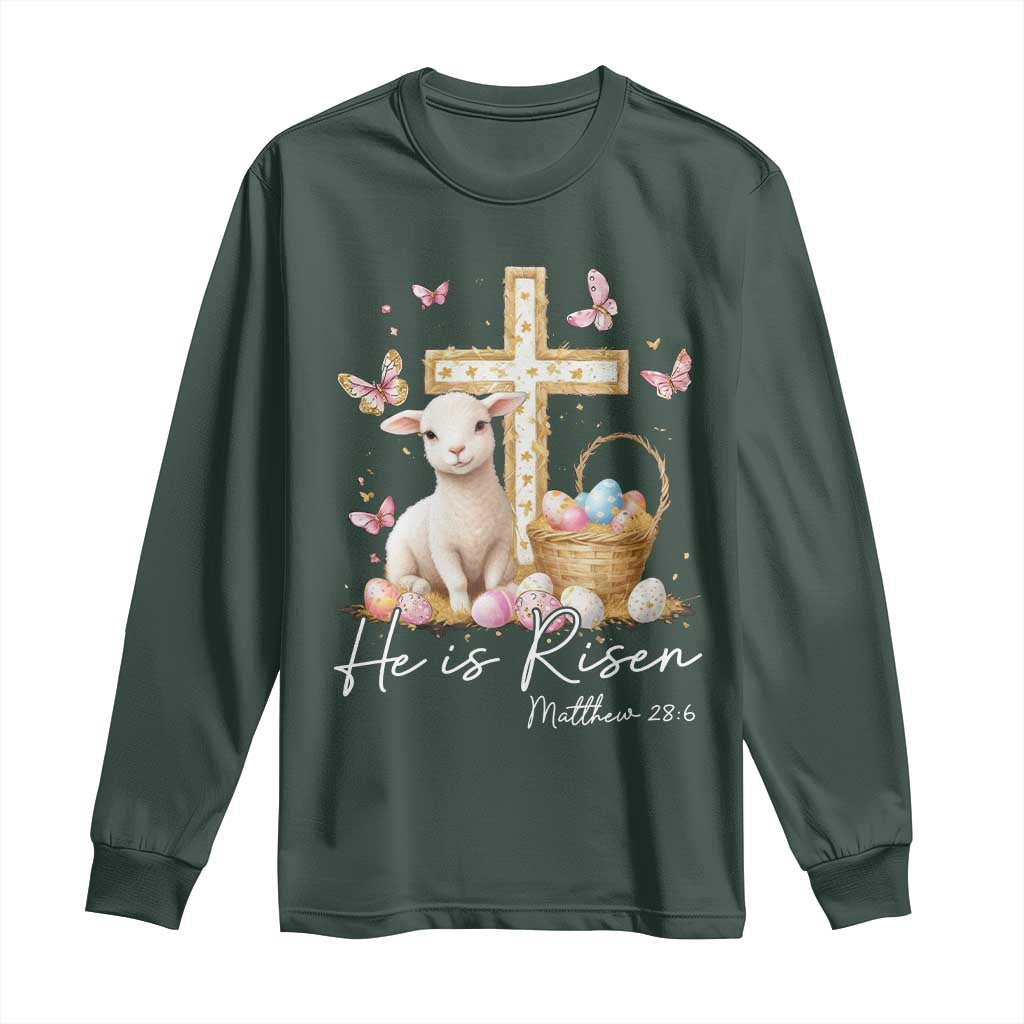 He Is Risen Easter Long Sleeve Shirt Lamb Flowers Cross